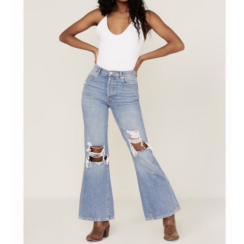 Free People New Dawn Flare High Rise Jeans Button Fly In Victoria Blue Sz 24